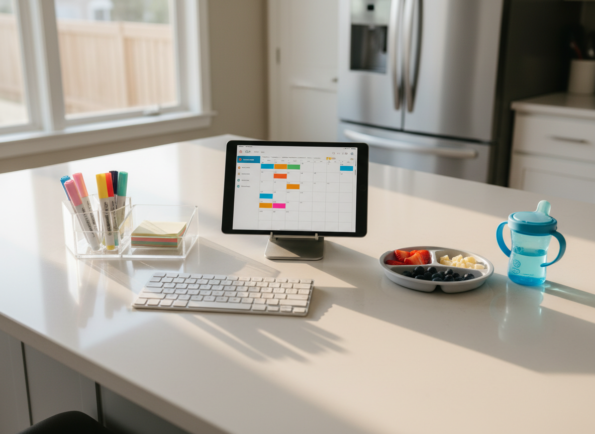 A sunlit kitchen island turned command center, featuring a sleek tablet on a stand displaying a calendar-like grid, a compact wireless keyboard, and a small acrylic organizer holding pastel highlighters and sticky notes. Next to them, a neatly prepared toddler snack plate and a spill-proof sippy cup suggest an upcoming break in the workday. The island’s quartz surface reflects soft, late-morning natural light streaming from a window, producing subtle highlights along the device edges and mild shadows underneath. Photographic realism, composed from an overhead, bird’s eye view that showcases the thoughtful layout of tools and products that make life easier. The background gently blurs into hint of stainless appliances and a tidy fridge, conveying an efficient, professional yet nurturing household atmosphere.