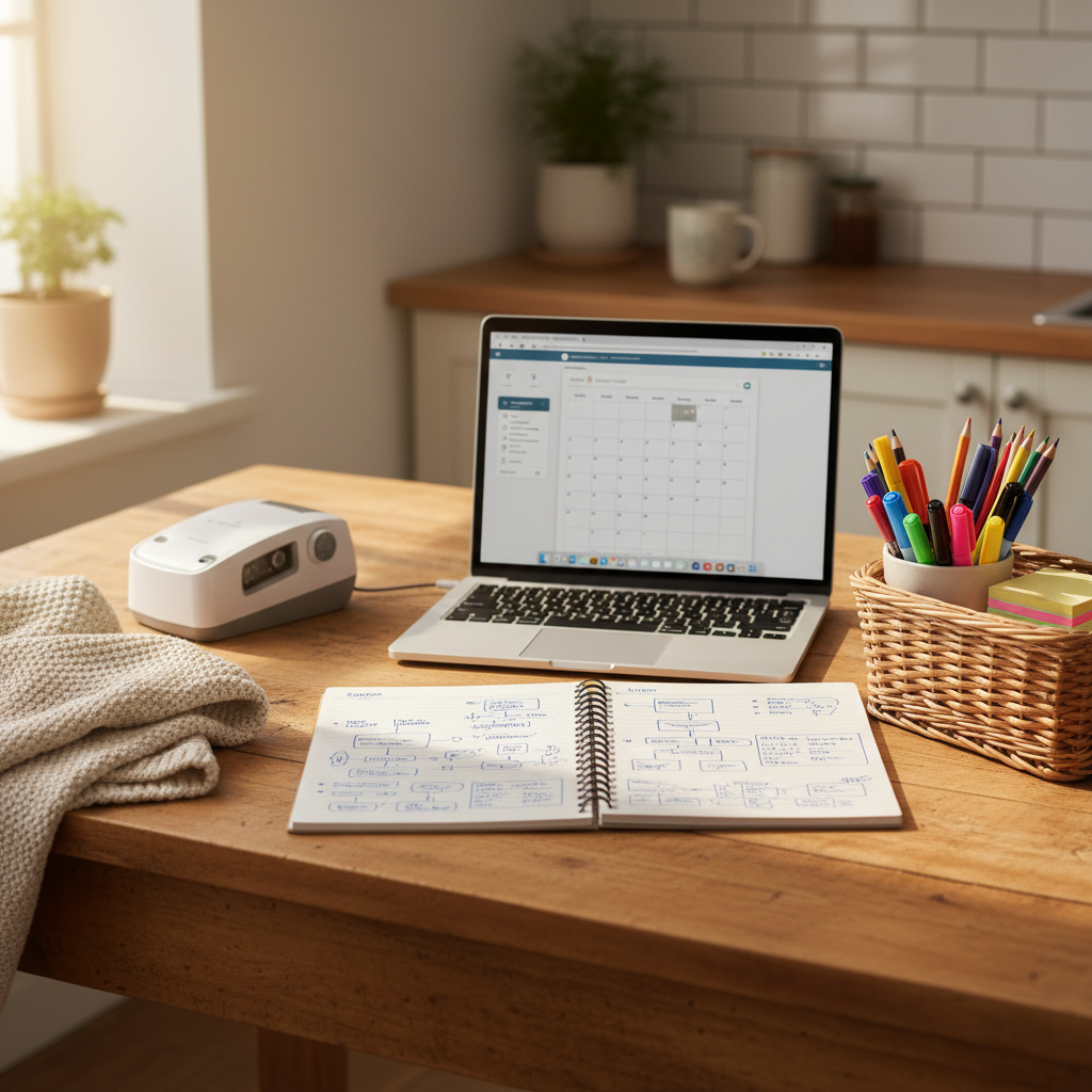 A neatly arranged wooden farmhouse kitchen table transformed into a work zone, covered with an open silver laptop, a spiral lesson-planning notebook filled with tidy handwritten diagrams suggested by faint lines, and a small basket of colorful school supplies. To one side, a compact, modern label maker and a neatly folded baby blanket imply the blending of teaching prep and motherhood. Morning sunlight pours through an unseen window, creating soft, natural highlights on the table’s grain and gentle shadows under each object. Photographic realism, eye-level composition with a shallow depth of field keeps the focus on the workspace while the background blurs into a cozy, light-filled kitchen, conveying calm productivity and an authentic, professional atmosphere.