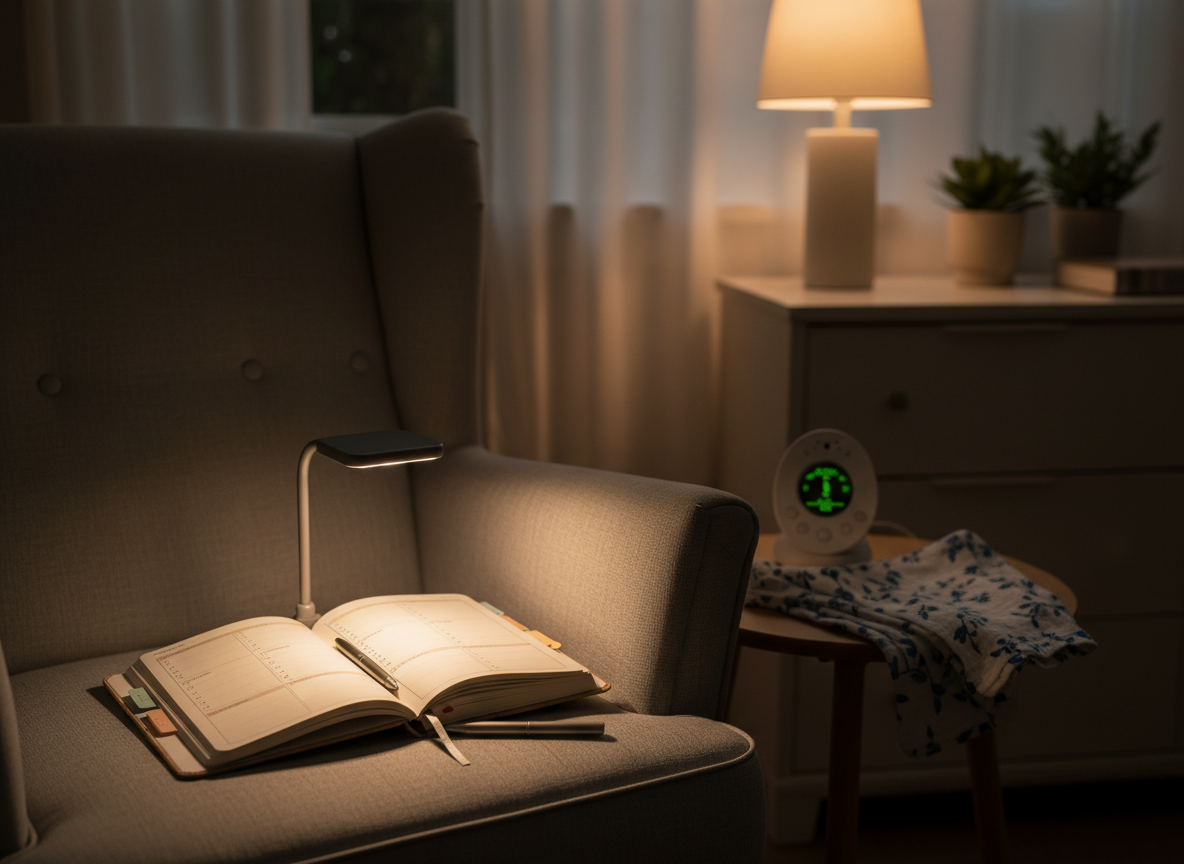 A serene bedroom nook with a plush, light-gray armchair serving as an evening planning spot. On the armrest rests an open hardcover planner with neatly arranged boxes and pastel tabs, alongside a slim pen and a small, battery-powered clip-on book light softly illuminating the pages. A baby monitor unit and a folded muslin swaddle placed on a nearby round side table subtly reference nighttime motherhood duties. Warm, dim lamplight from a minimalist bedside lamp casts gentle pools of light and soft shadows, creating an intimate, reflective mood. Photographic realism, shot at eye level with a shallow depth of field, keeps the planner and simple productivity tools crisply detailed while the rest of the bedroom fades into a cozy, blurred backdrop.