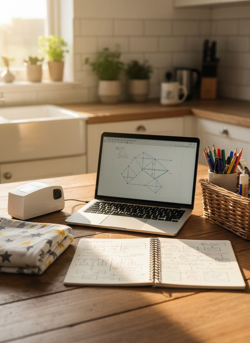 A neatly arranged wooden farmhouse kitchen table transformed into a work zone, covered with an open silver laptop, a spiral lesson-planning notebook filled with tidy handwritten diagrams suggested by faint lines, and a small basket of colorful school supplies. To one side, a compact, modern label maker and a neatly folded baby blanket imply the blending of teaching prep and motherhood. Morning sunlight pours through an unseen window, creating soft, natural highlights on the table’s grain and gentle shadows under each object. Photographic realism, eye-level composition with a shallow depth of field keeps the focus on the workspace while the background blurs into a cozy, light-filled kitchen, conveying calm productivity and an authentic, professional atmosphere.