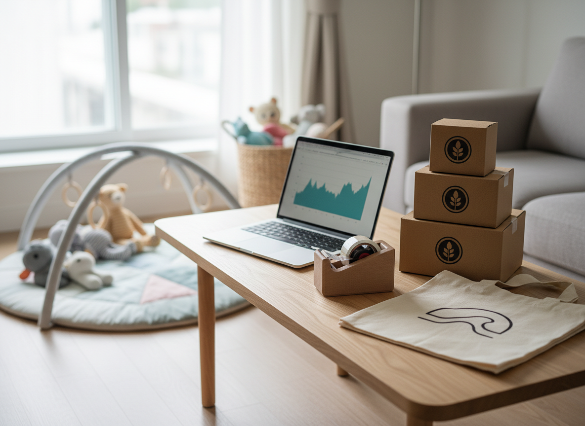 A tidy living room scene where a low, natural wood coffee table doubles as a business planning hub. On the table, a slim laptop displays a graph-like glow, beside a small stack of branded shipping boxes, eco-friendly tape dispenser, and a folded canvas tote bag with a simple abstract icon, alluding to a small product-based business. A plush baby play mat and a basket of soft toys sit just beyond the table, slightly out of focus. Soft overcast daylight fills the room from a large nearby window, creating even, gentle lighting. Photographic realism, captured from a side angle with moderate depth of field, balances the business tools in sharp focus against the cozy, family-oriented surroundings, creating an atmosphere of grounded ambition and everyday balance.