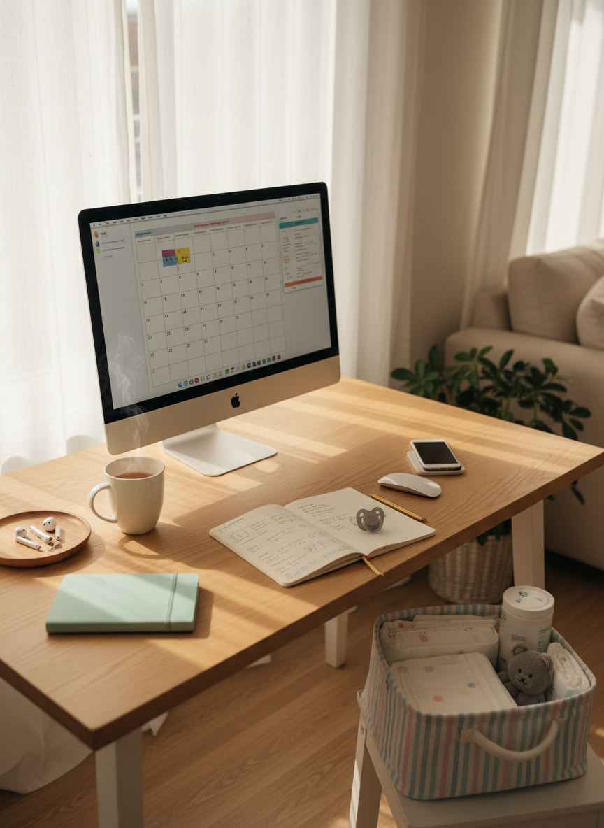 A bright, organized home office corner featuring a pale oak desk with a sleek all-in-one computer, a ceramic mug with faint steam rising, and a small tray of carefully arranged productivity tools: wireless earbuds, a slim planner, and a smartphone on a charging stand. Nearby, a pastel diaper caddy and a plush pacifier resting beside an open notebook subtly hint at business tasks woven into motherhood. Golden afternoon light filters through sheer curtains, casting soft shadows across the desk and highlighting clean, modern lines. Photographic realism, shot from a slightly elevated angle using the rule of thirds, with the desk dominant in the frame and the background fading into a warm, blurred living room, creating a focused yet homey mood.