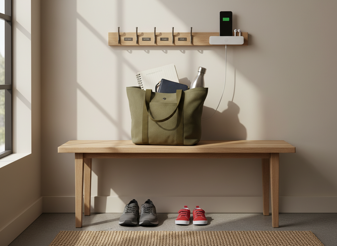 A compact entryway staging area showcasing products that streamline busy mornings. A simple bench holds an open, structured tote bag with a visible planner, reusable water bottle, and a small zip pouch. On a narrow shelf above, a set of labeled key hooks and a charging station cradle a smartphone and wireless earbuds, all cleanly arranged. At the base of the bench, a neatly lined-up pair of adult sneakers and tiny toddler shoes signal the family dimension without showing people. Soft, natural afternoon light spills in from a side window, casting gentle shadows and highlighting textures in the wood and fabrics. Photographic realism, composed with balanced, centered framing and sharp focus throughout, evoking a calm, prepared, and professional home atmosphere.