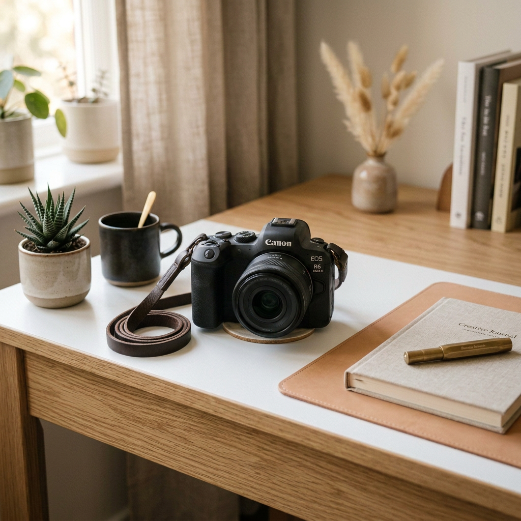 Fujifilm X-T4 camera with leather strap on desk beside plants and journal