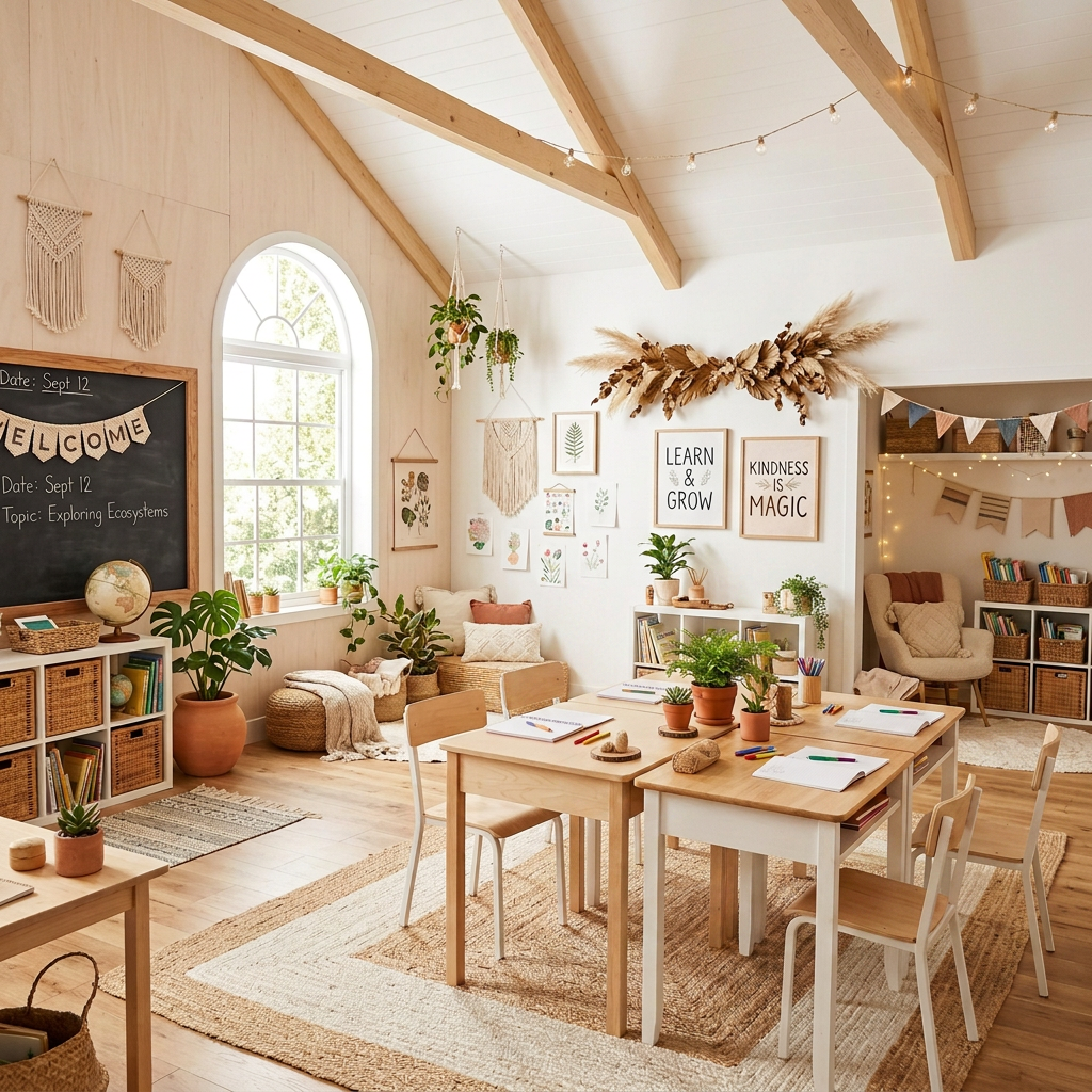 Three children sitting and smiling at a wooden table with plants and school supplies in a cozy classroom