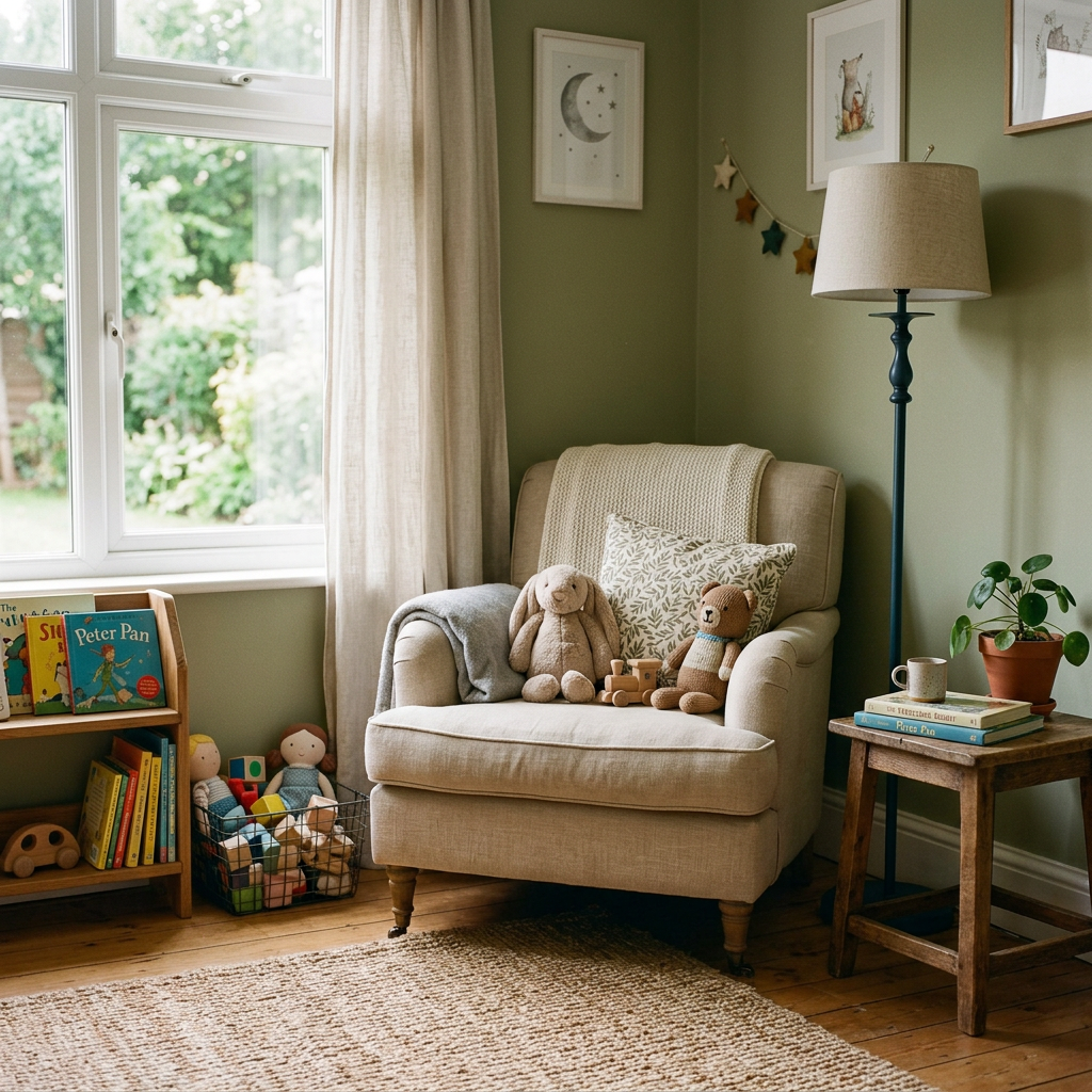 Beige armchair with stuffed bunny and bear, children's books on shelf and a wooden side table with a plant and mug